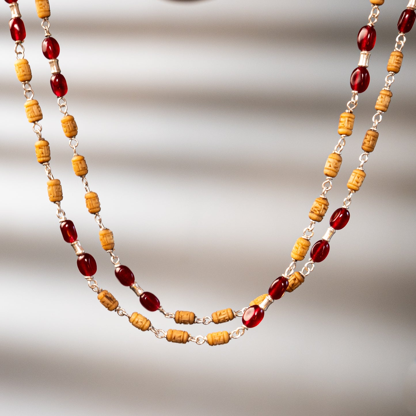 Padmaraga Silver Tulsi Mala - Carrying Courage and Devotion 2-Line Kanti