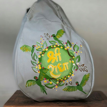 Hand-painted Beadbag - Sri Krishna and parrots