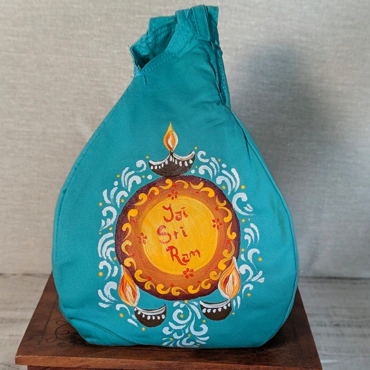 Hand-painted Beadbag - Jay Sri Ram on light green Beadbag