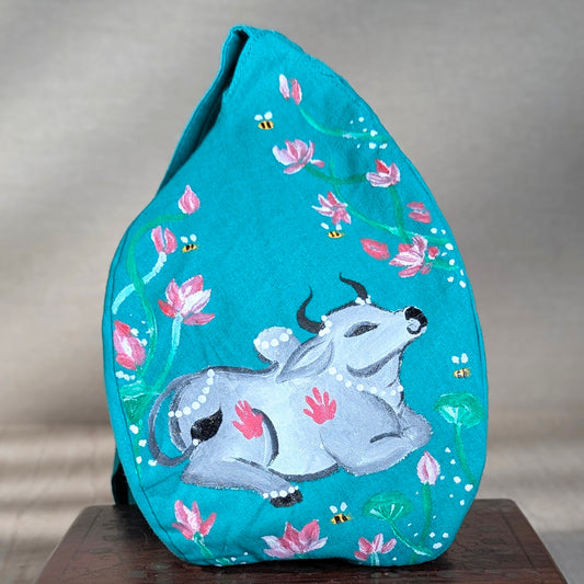 Hand-painted Beadbag - Cow and Lotuses