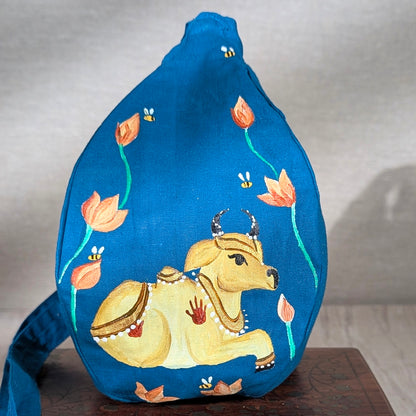 Hand-painted Beadbag Blue - Cow with Lotus
