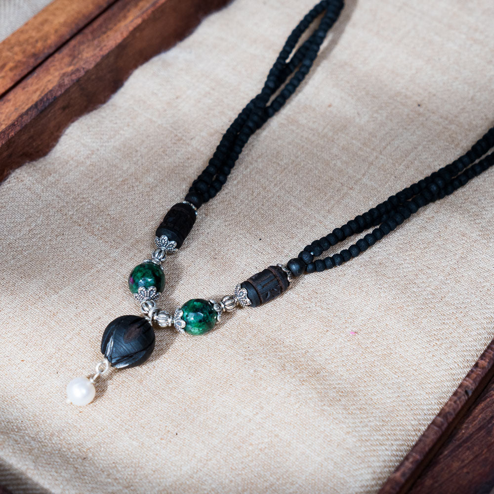 Tulsi Kunti Mala Black Green Stone  #69