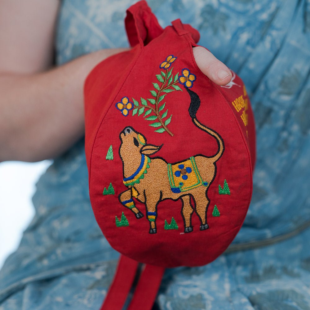 Cow Beadbag red embroidered - I Love Mayapur