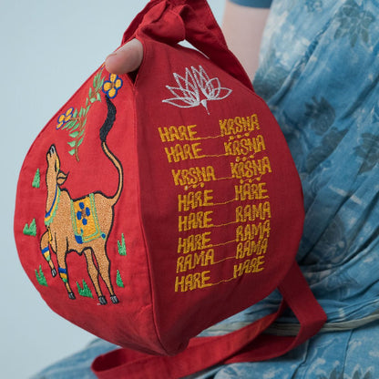 Cow Beadbag red embroidered - I Love Mayapur