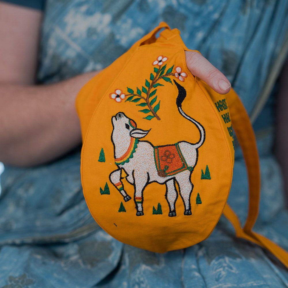 Cow Beadbag Yellow embroidered - I Love Mayapur