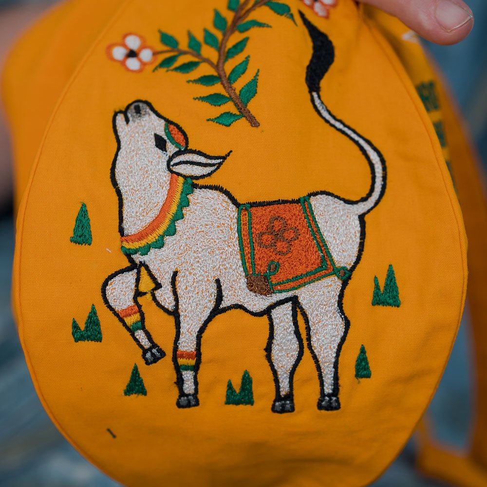 Cow Beadbag Yellow embroidered - I Love Mayapur